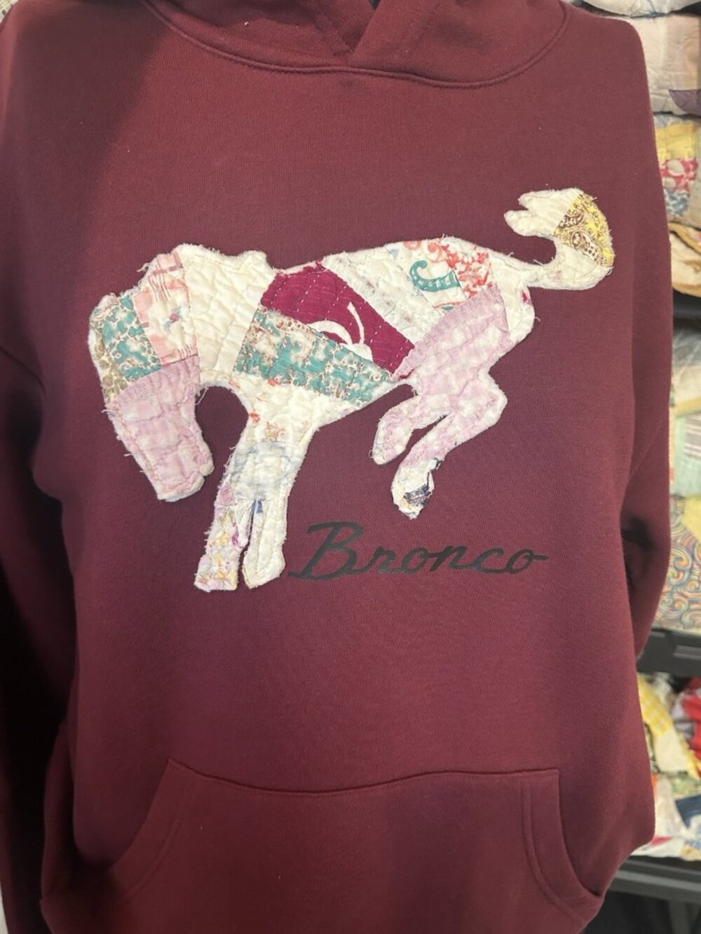 Ford Bronco Quilt Patchwork Hoodie, Upcycled Vintage Sweatshirt, Maroon Size S